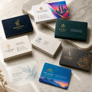 Business card printing in Kuala Lumpur with art card, linen, metallic, frosted plastic and synthetic materials